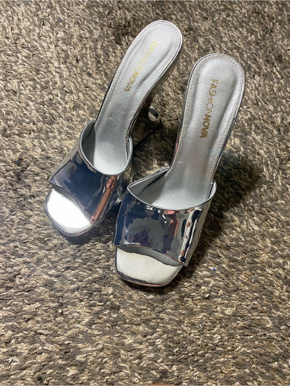 Fashion Nova Silver Mirror Patent Slide Mule Heels